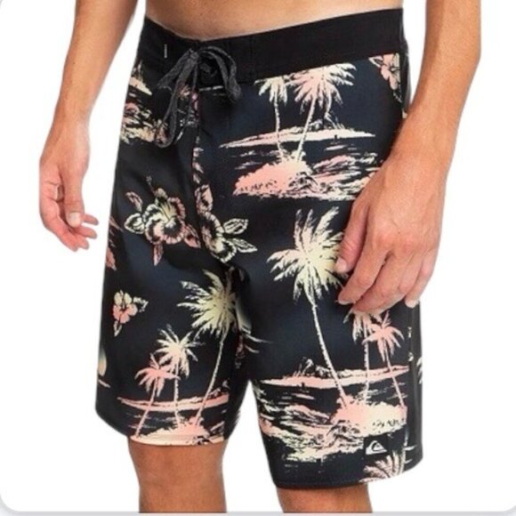 Quicksilver 34 Highline Boardshorts Stretch Black Tropical Men’s Swim Surf - Picture 1 of 11